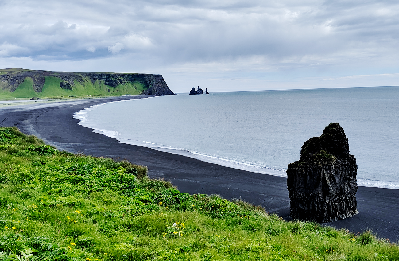 Billede af Reynisfjara på Island., hvor man kan se grønt græs, sort strand og grønt bjerg