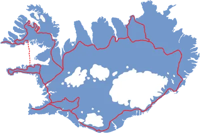 Grafisk kort over Island med markering af rejsen "Island total rundrejse".