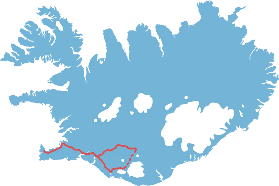 Kort over Island med rute markeret