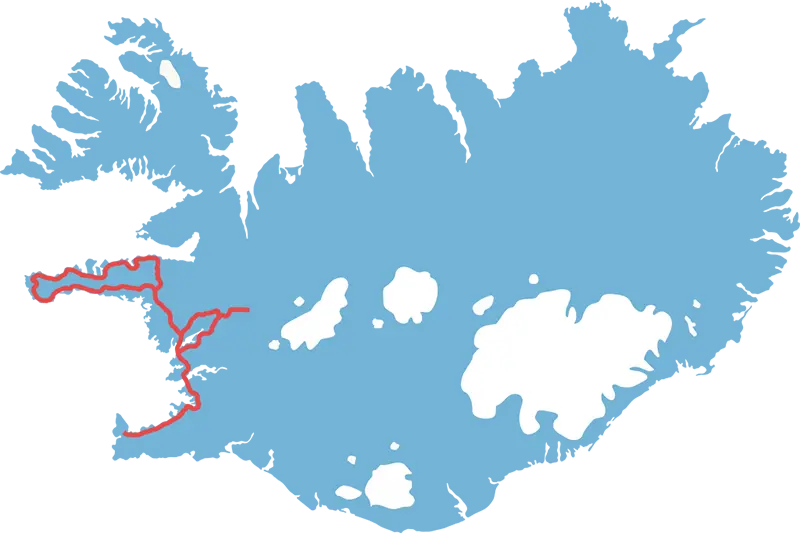 Kort over Island med markeret rute for rejseplan