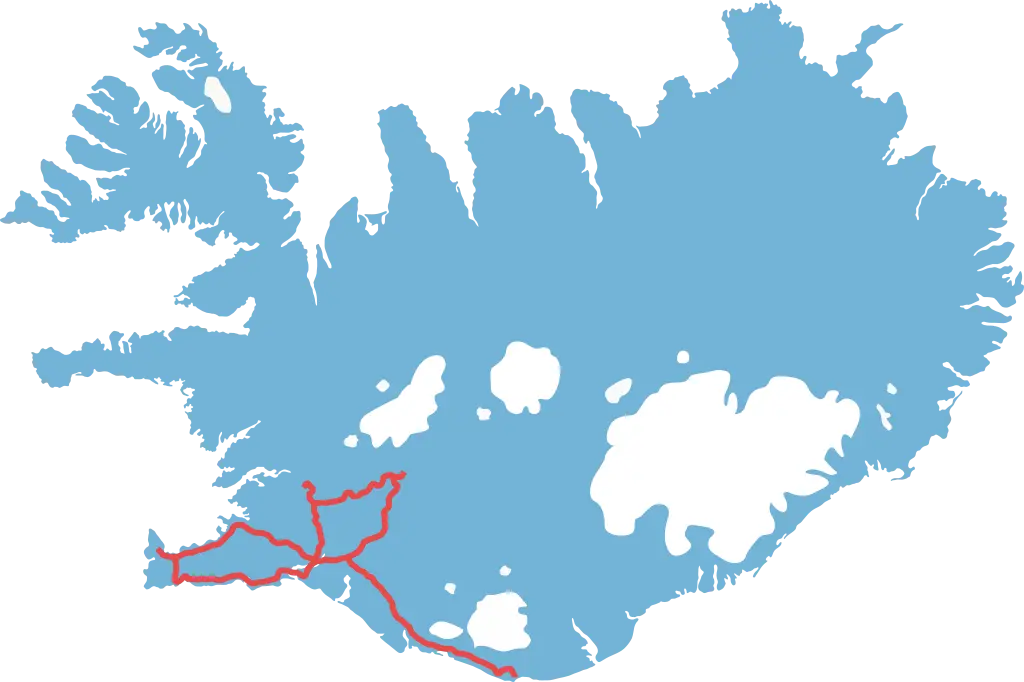 Kort over Island med fremhævede rejserute