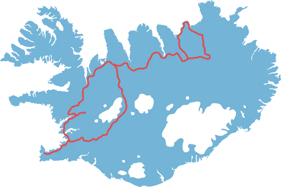 Rejseplan markeret med rute på kort over Island