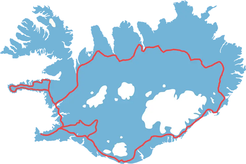 Kort over Island med rejserute markeret i rødt