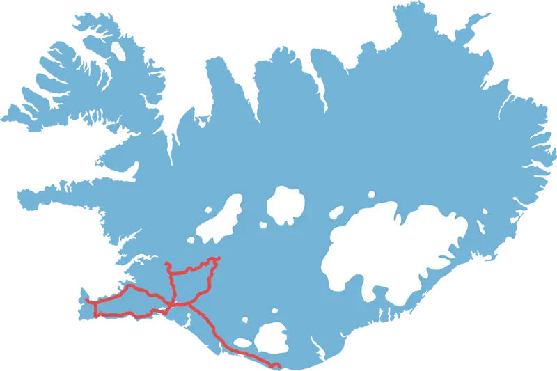 Rejseplan på kort over Island med rute markeret