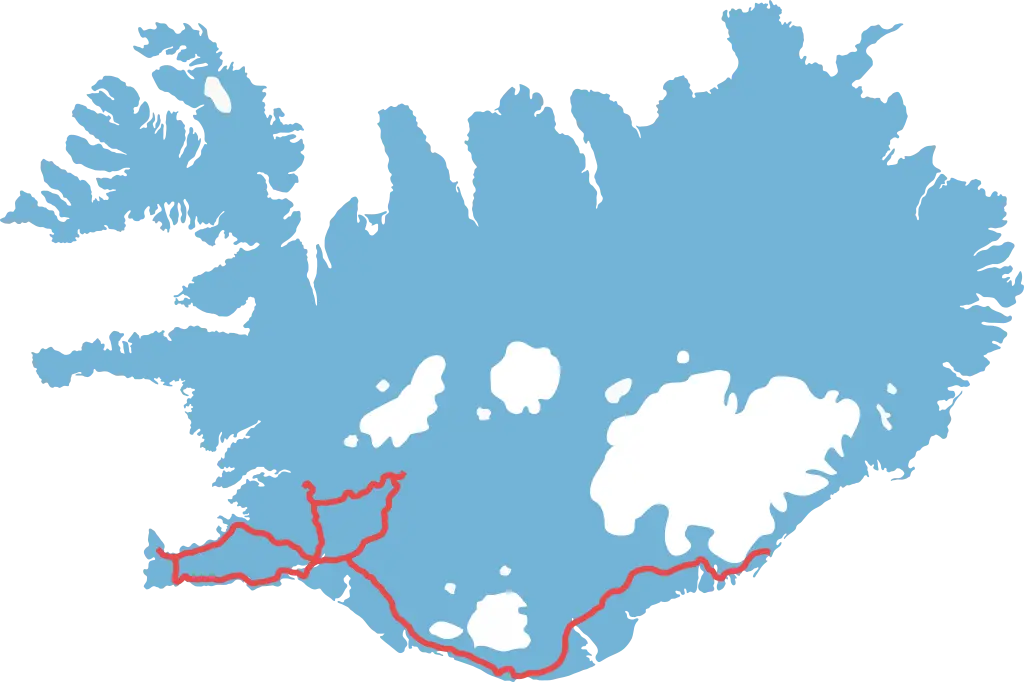 Kort over Island med markerede ruter for rejseplan