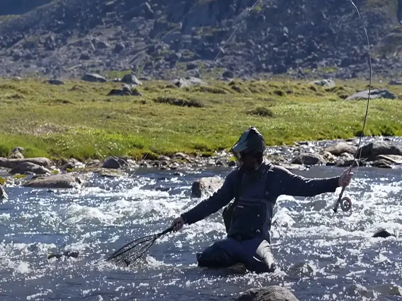 En mand fisker i en grønlandsk elv